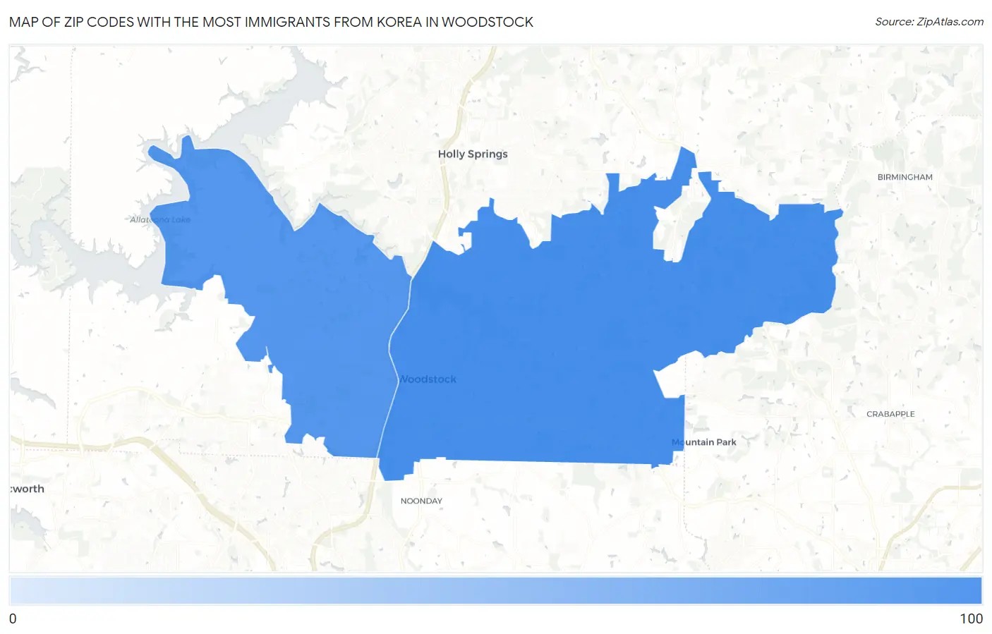 Zip Codes with the Most Immigrants from Korea in Woodstock Map