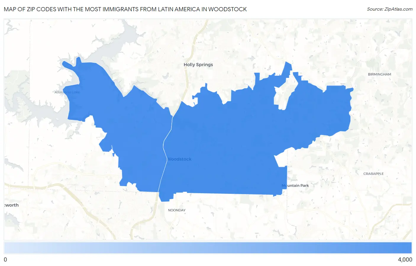 Zip Codes with the Most Immigrants from Latin America in Woodstock Map
