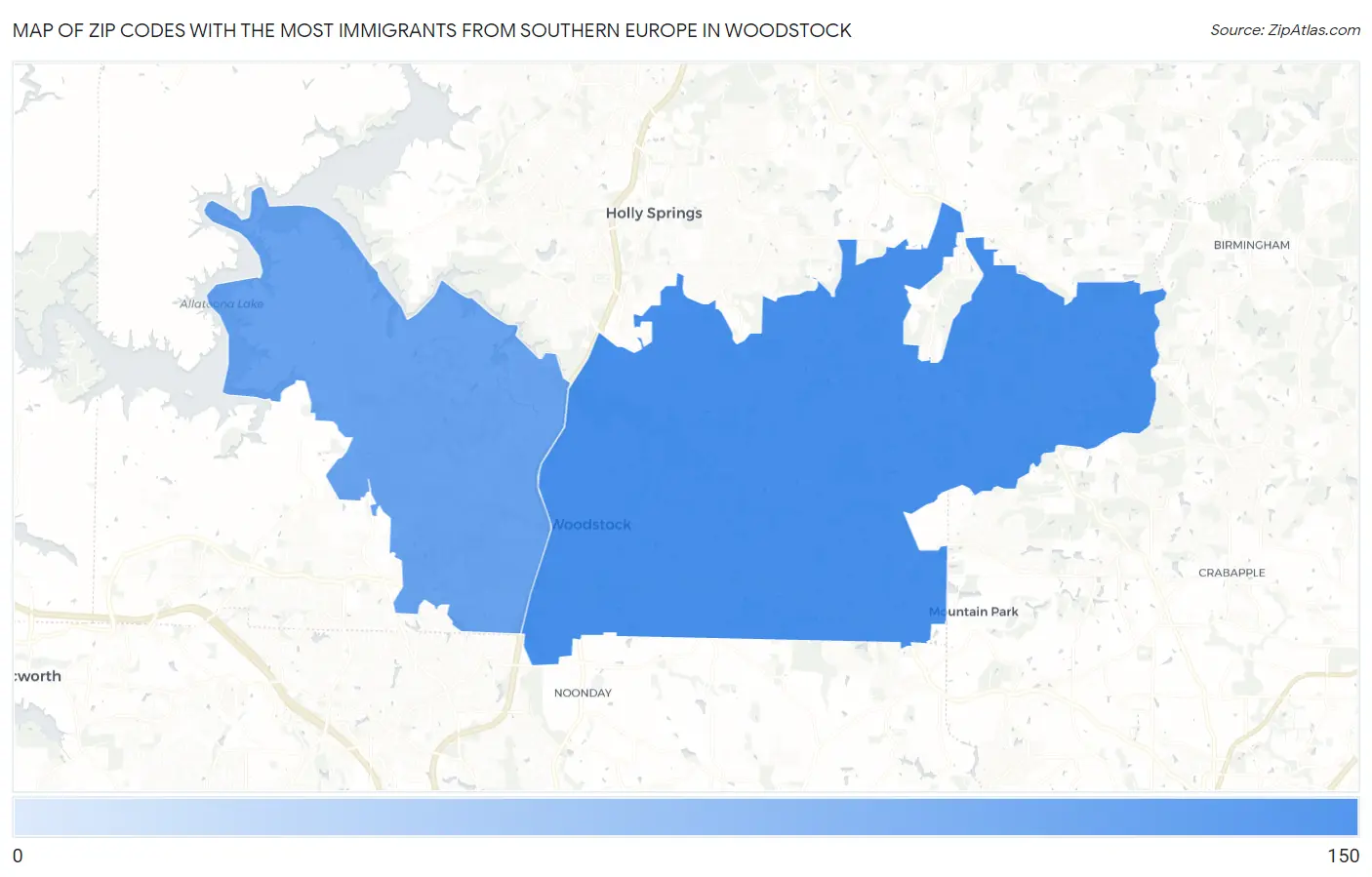 Zip Codes with the Most Immigrants from Southern Europe in Woodstock Map