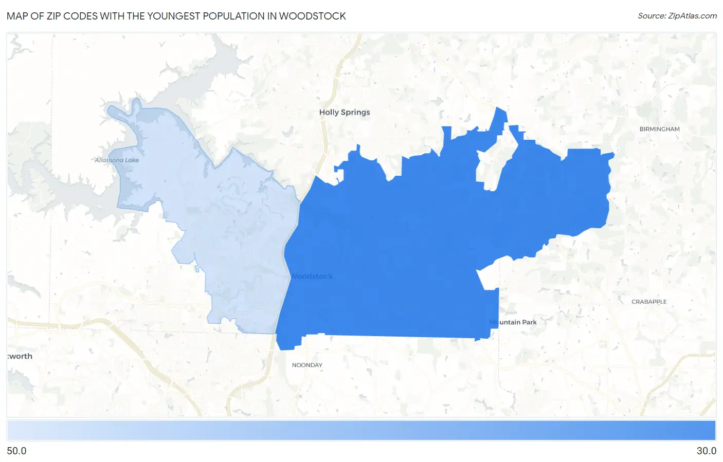 Zip Codes with the Youngest Population in Woodstock Map