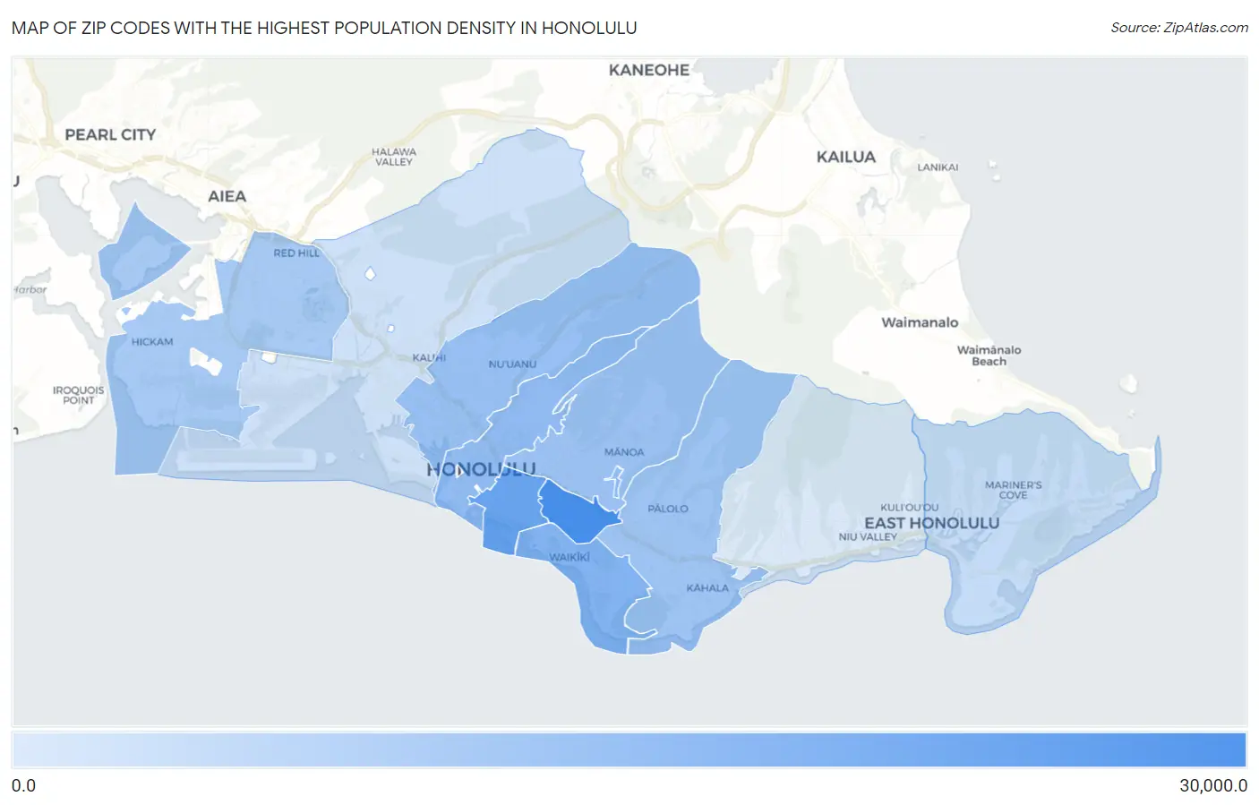 Zip Codes with the Highest Population Density in Honolulu Map