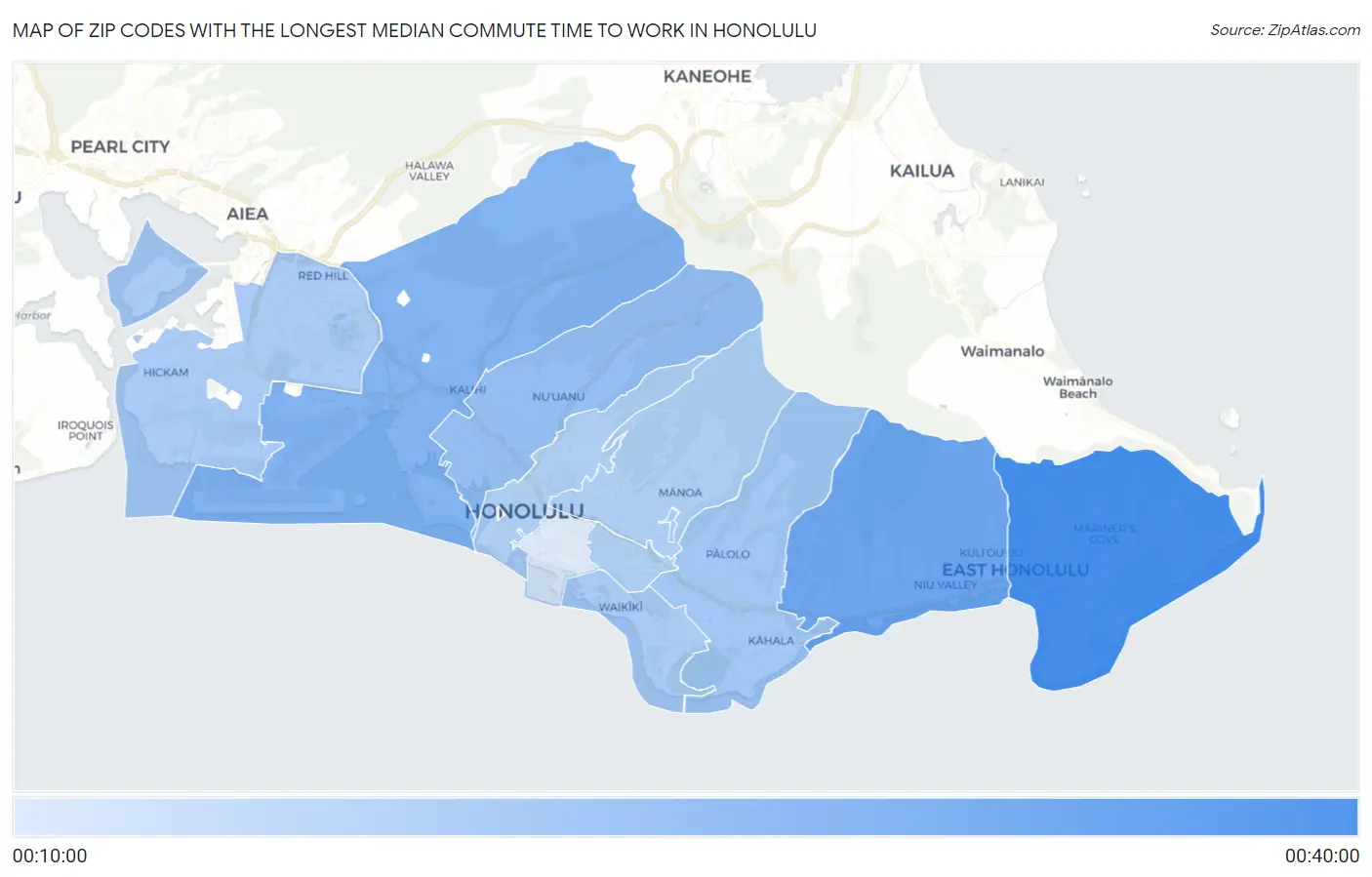 Zip Codes with the Longest Median Commute Time to Work in Honolulu Map