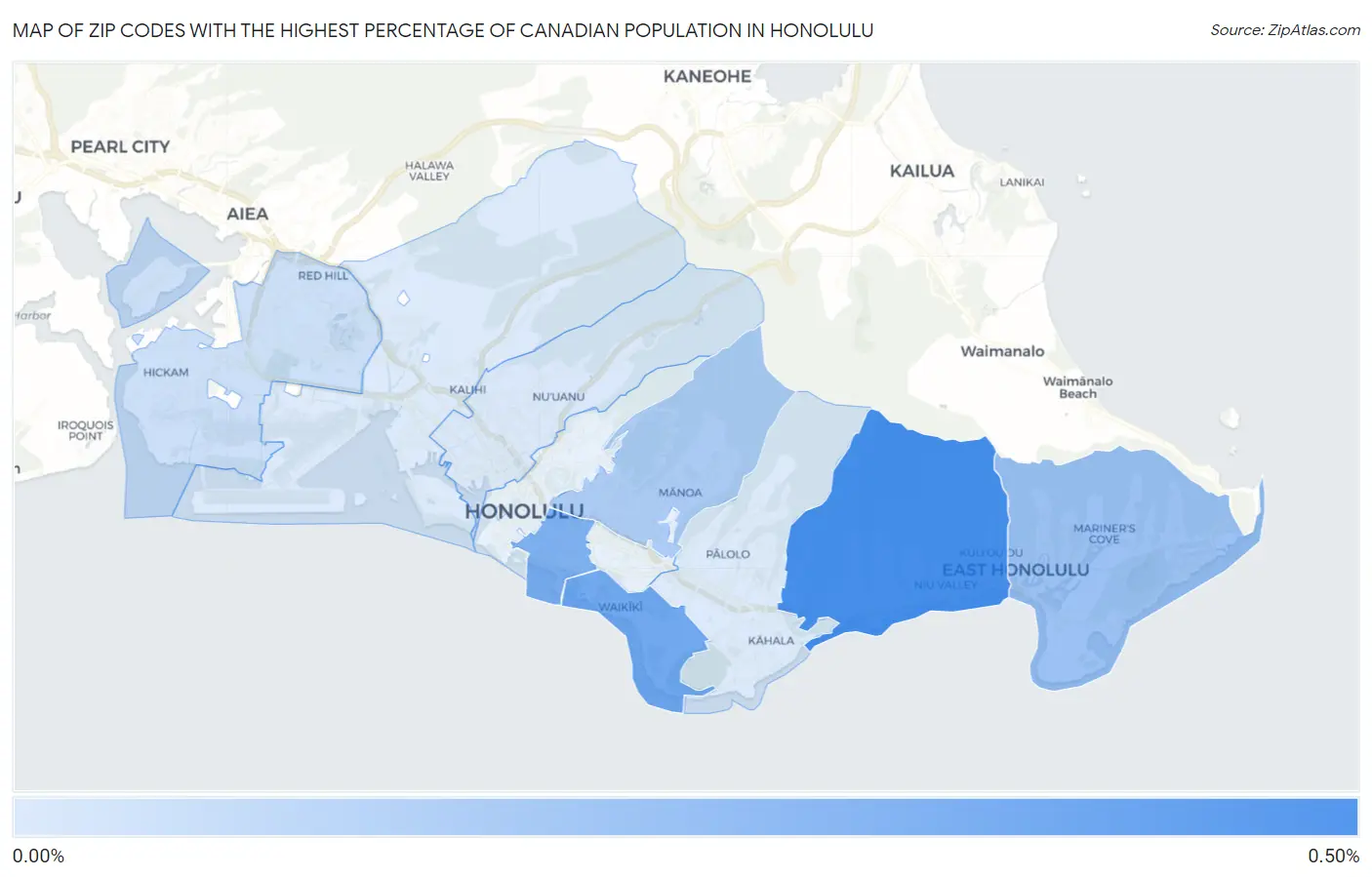 Zip Codes with the Highest Percentage of Canadian Population in Honolulu Map