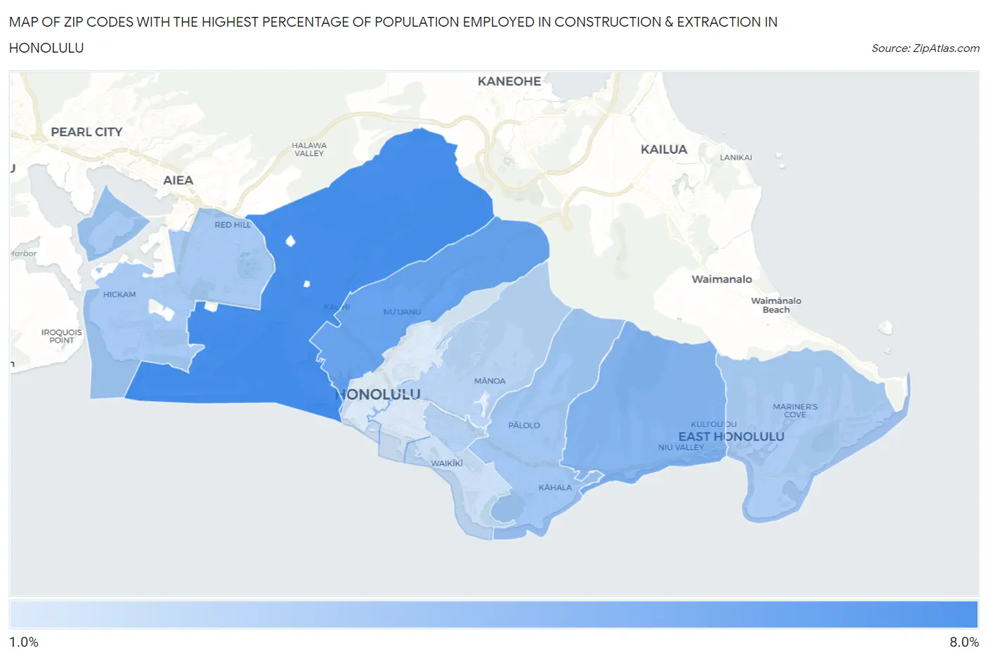 Zip Codes with the Highest Percentage of Population Employed in Construction & Extraction in Honolulu Map