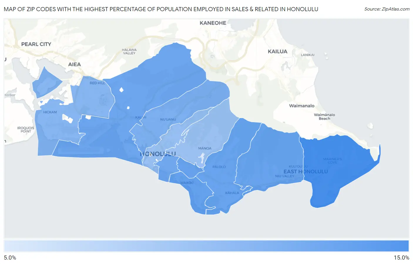 Zip Codes with the Highest Percentage of Population Employed in Sales & Related in Honolulu Map