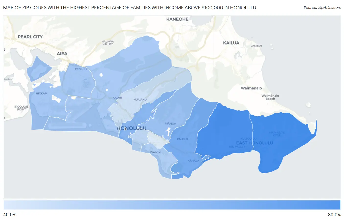 Zip Codes with the Highest Percentage of Families with Income Above $100,000 in Honolulu Map
