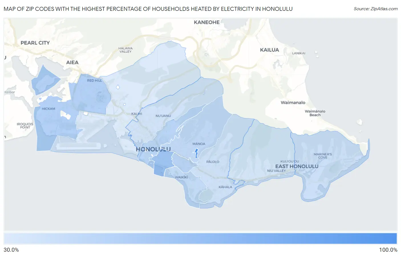 Zip Codes with the Highest Percentage of Households Heated by Electricity in Honolulu Map