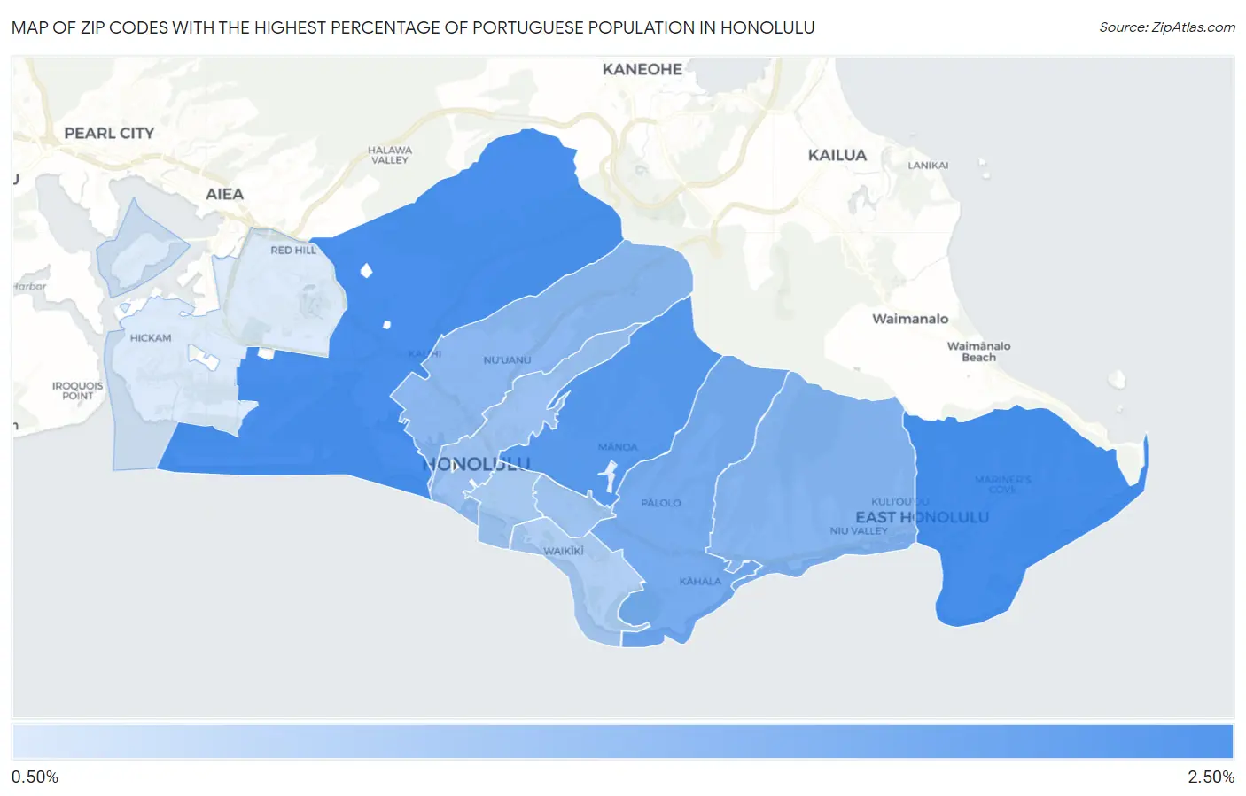 Zip Codes with the Highest Percentage of Portuguese Population in Honolulu Map
