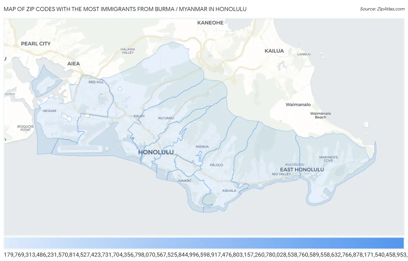 Zip Codes with the Most Immigrants from Burma / Myanmar in Honolulu Map