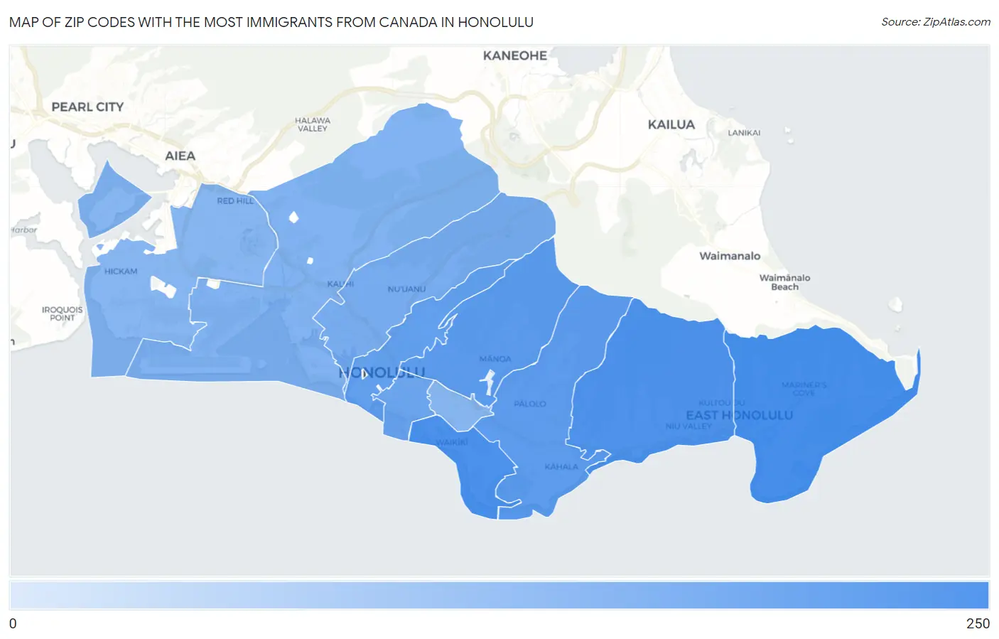 Zip Codes with the Most Immigrants from Canada in Honolulu Map
