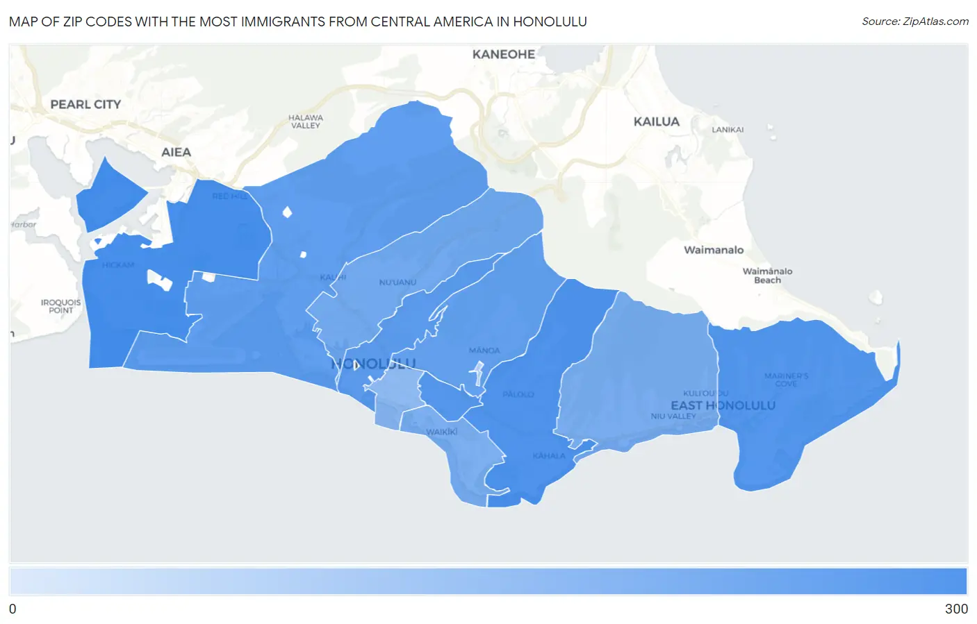 Zip Codes with the Most Immigrants from Central America in Honolulu Map