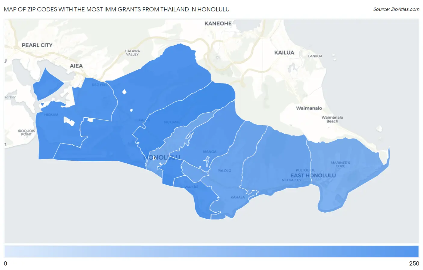 Zip Codes with the Most Immigrants from Thailand in Honolulu Map