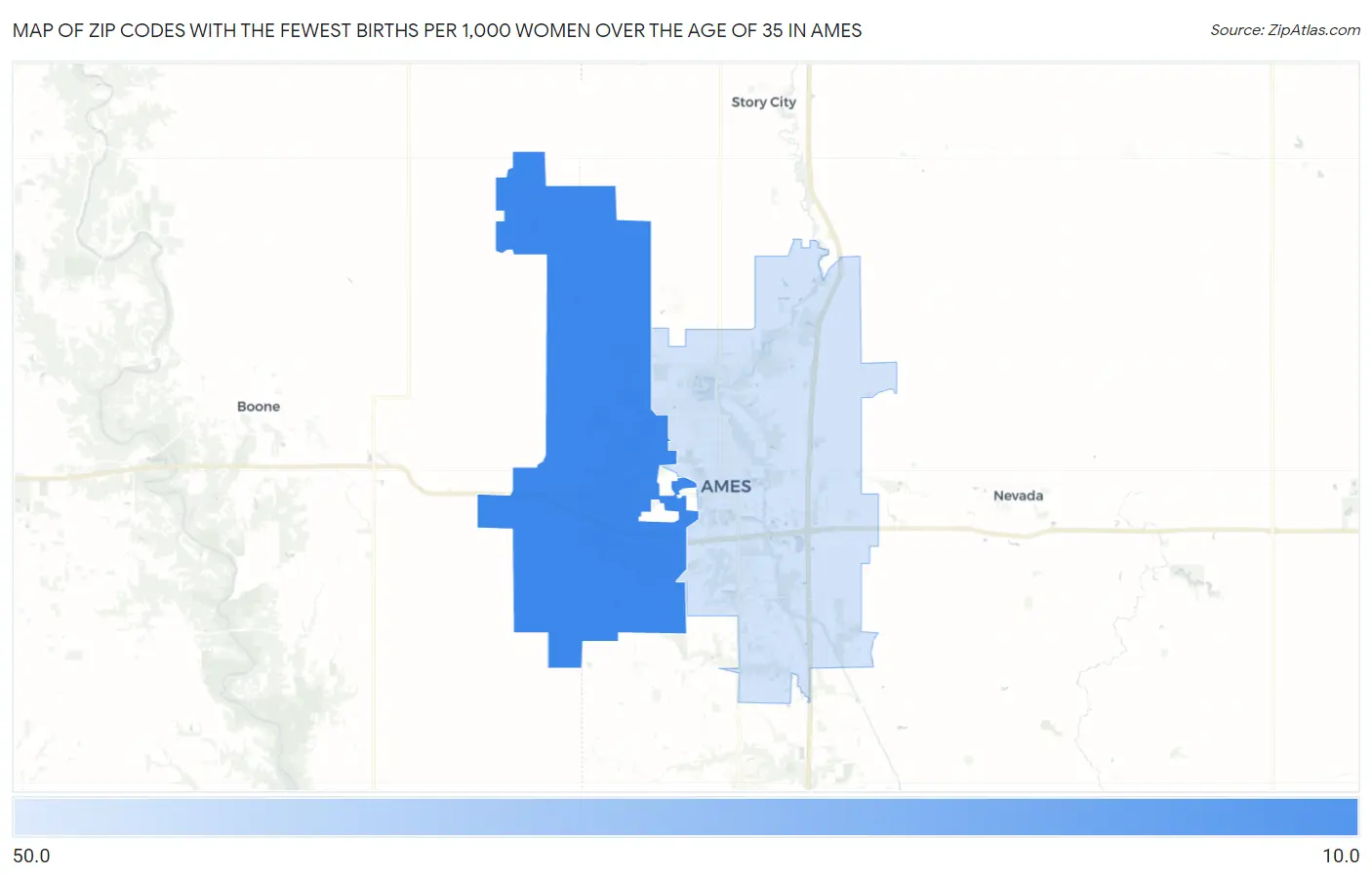 Zip Codes with the Fewest Births per 1,000 Women Over the Age of 35 in Ames Map