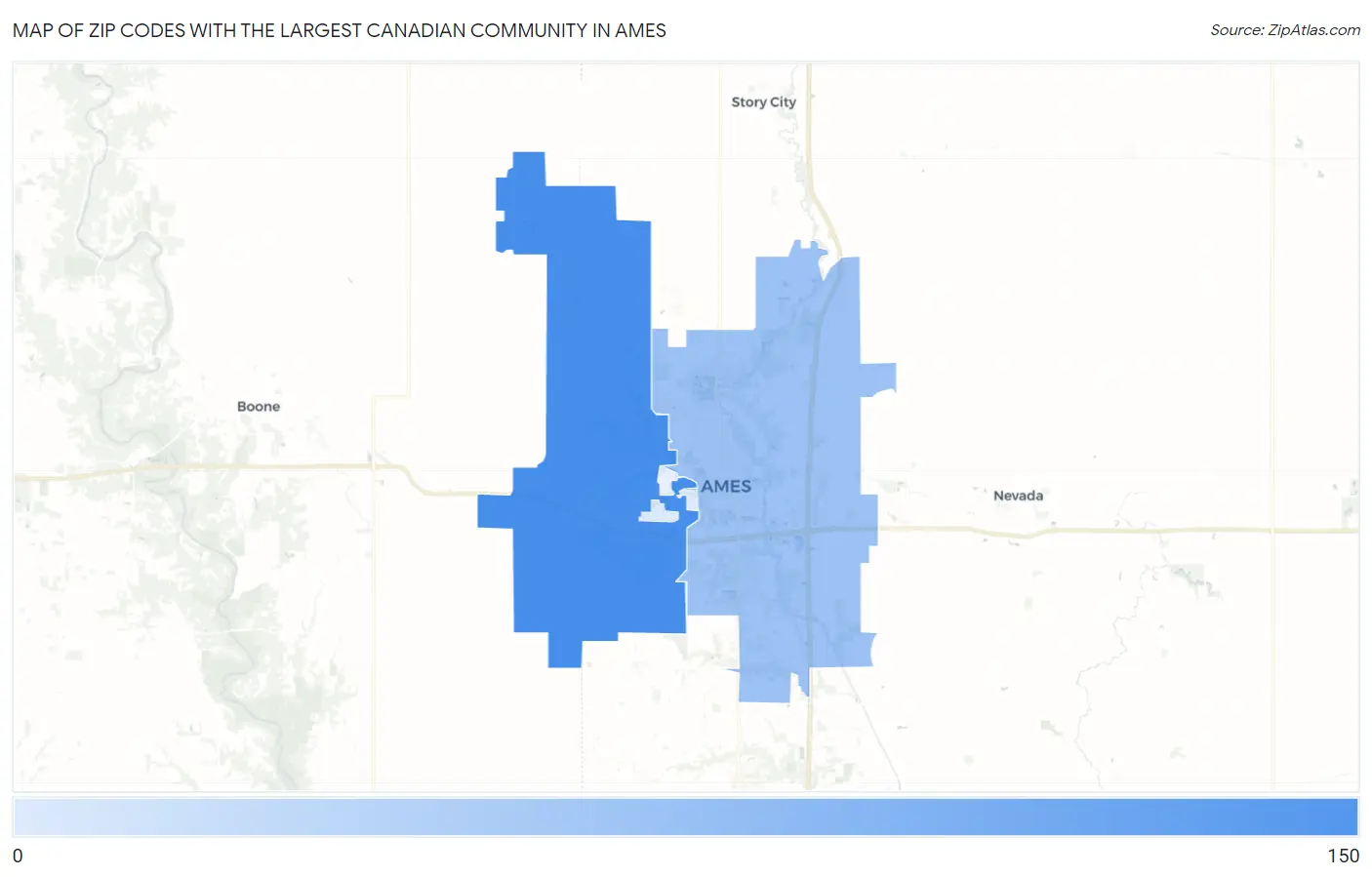 Zip Codes with the Largest Canadian Community in Ames Map