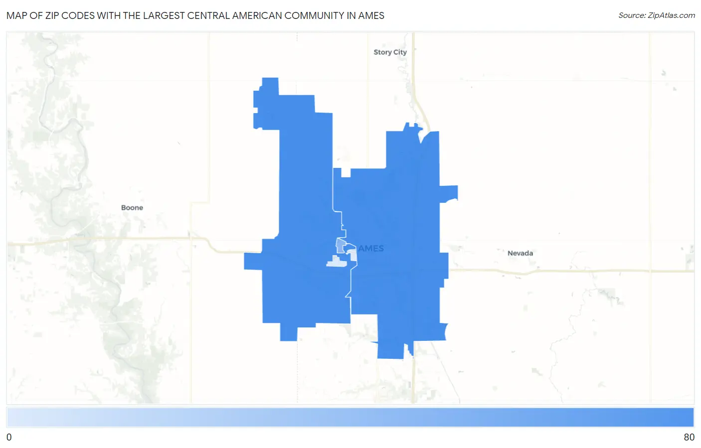 Zip Codes with the Largest Central American Community in Ames Map