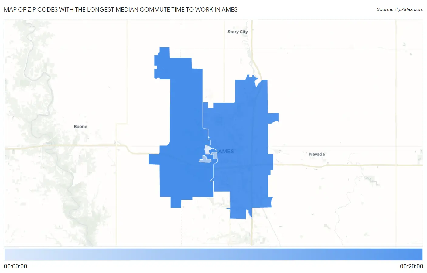 Zip Codes with the Longest Median Commute Time to Work in Ames Map
