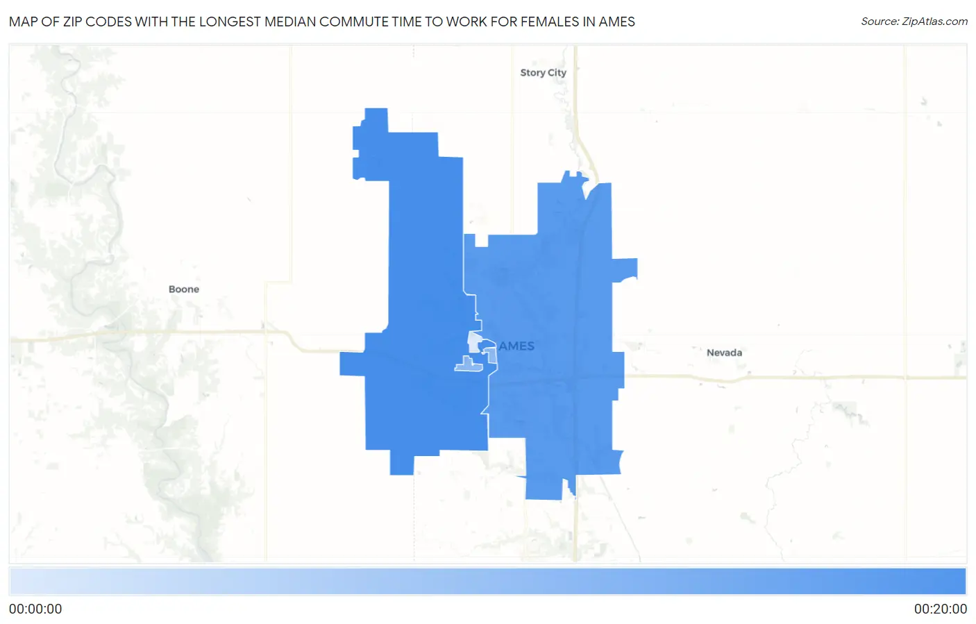 Zip Codes with the Longest Median Commute Time to Work for Females in Ames Map
