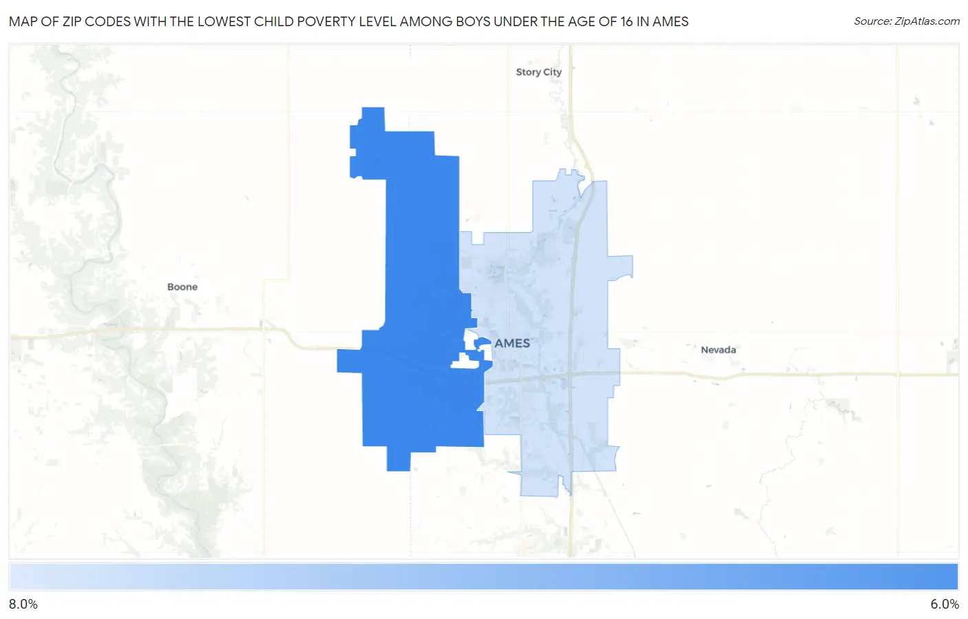 Zip Codes with the Lowest Child Poverty Level Among Boys Under the Age of 16 in Ames Map