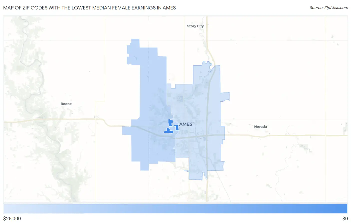 Zip Codes with the Lowest Median Female Earnings in Ames Map