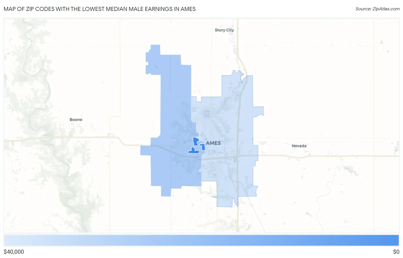 Zip Codes with the Lowest Median Male Earnings in Ames Map