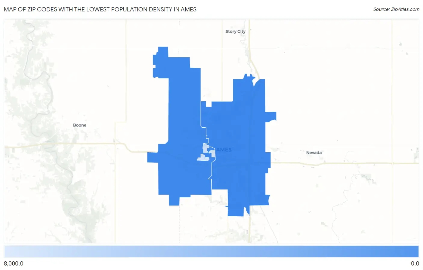 Zip Codes with the Lowest Population Density in Ames Map