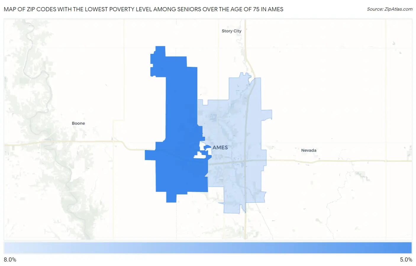 Zip Codes with the Lowest Poverty Level Among Seniors Over the Age of 75 in Ames Map