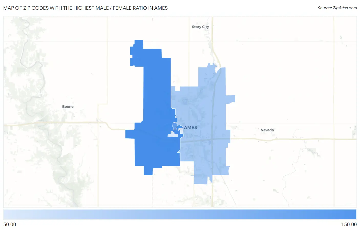 Zip Codes with the Highest Male / Female Ratio in Ames Map