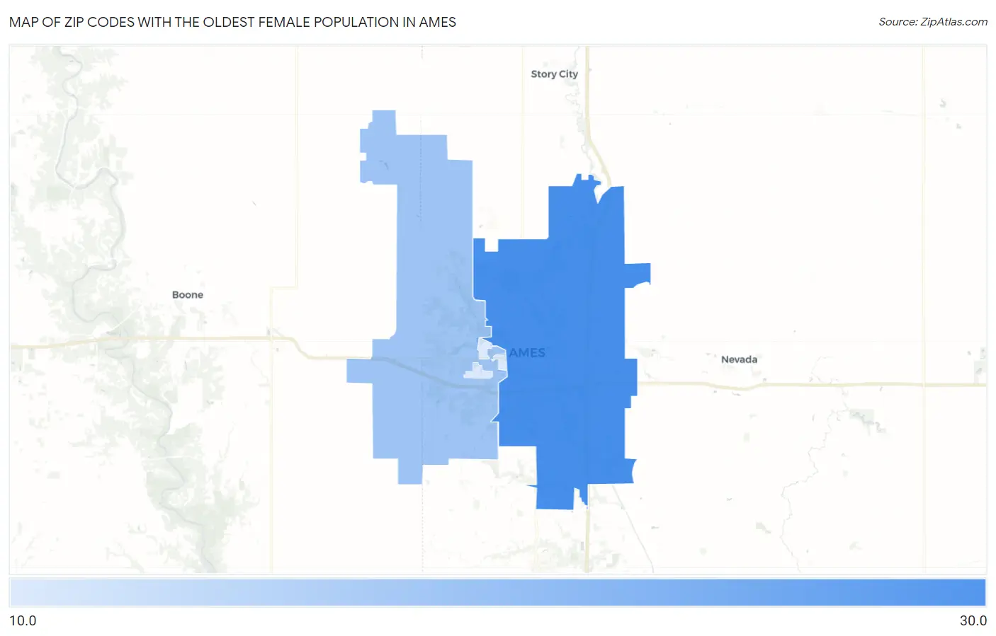 Zip Codes with the Oldest Female Population in Ames Map