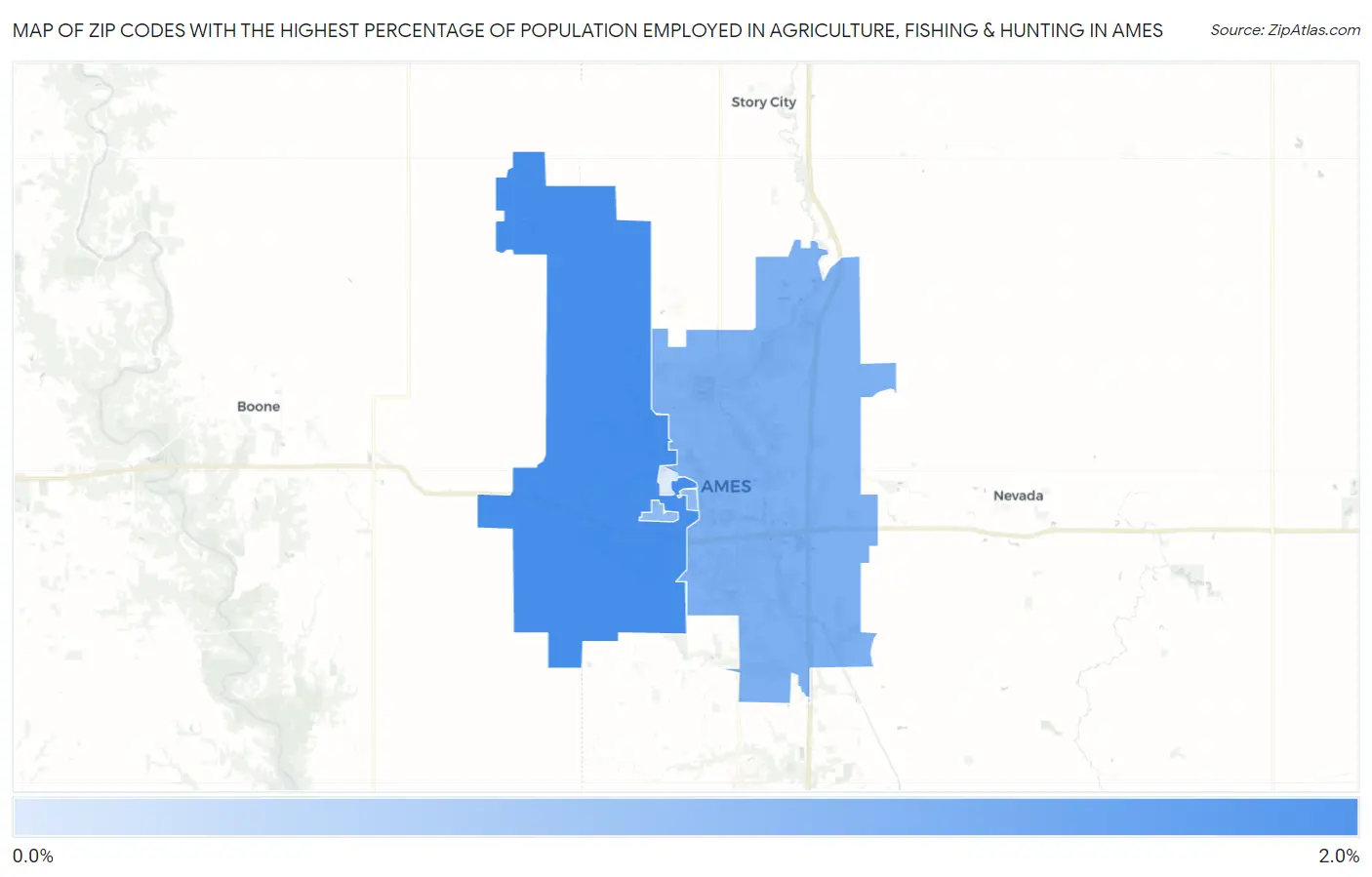 Zip Codes with the Highest Percentage of Population Employed in Agriculture, Fishing & Hunting in Ames Map