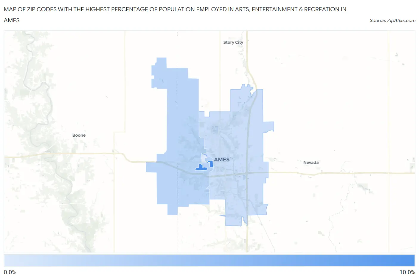 Zip Codes with the Highest Percentage of Population Employed in Arts, Entertainment & Recreation in Ames Map