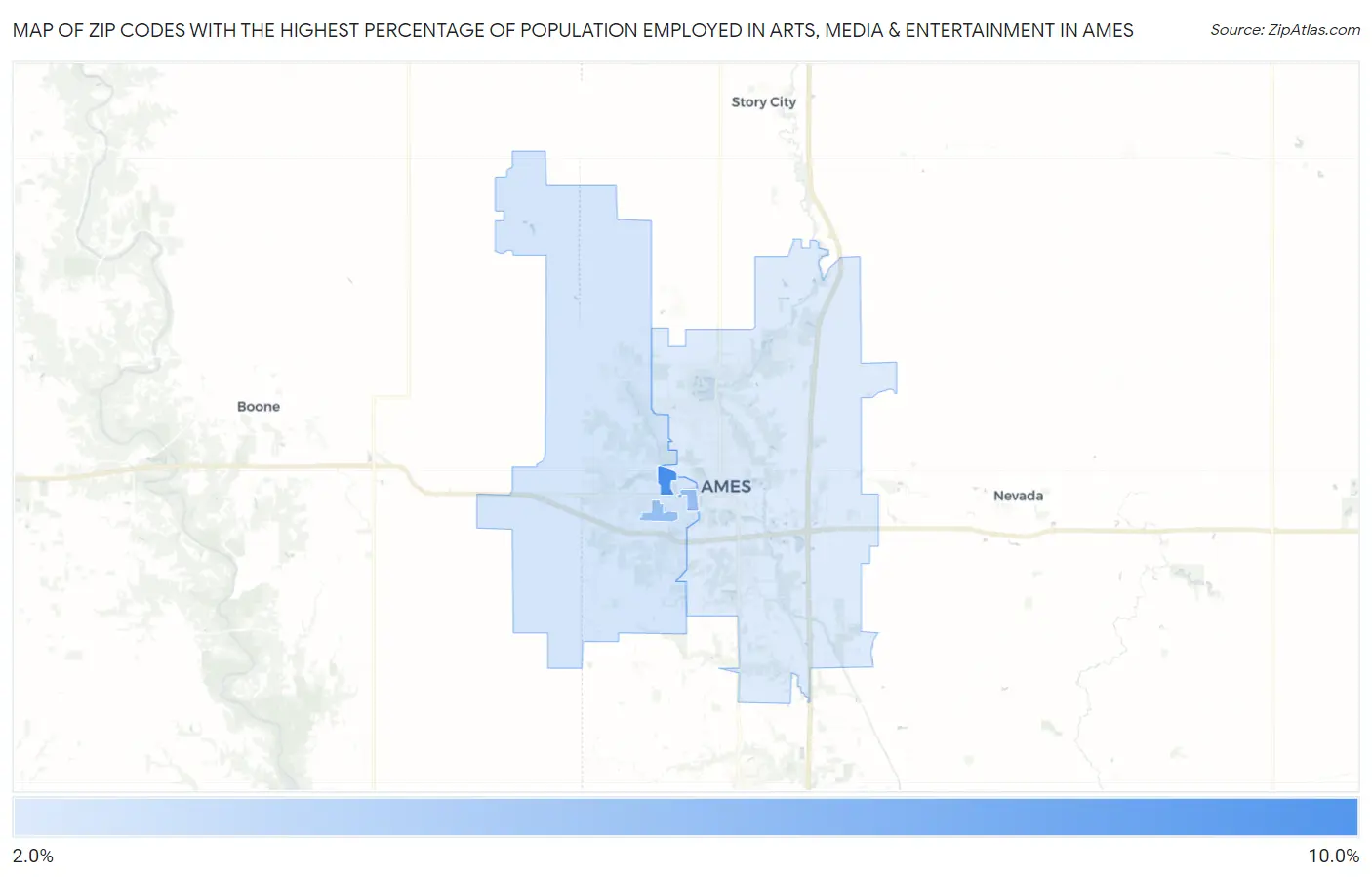 Zip Codes with the Highest Percentage of Population Employed in Arts, Media & Entertainment in Ames Map