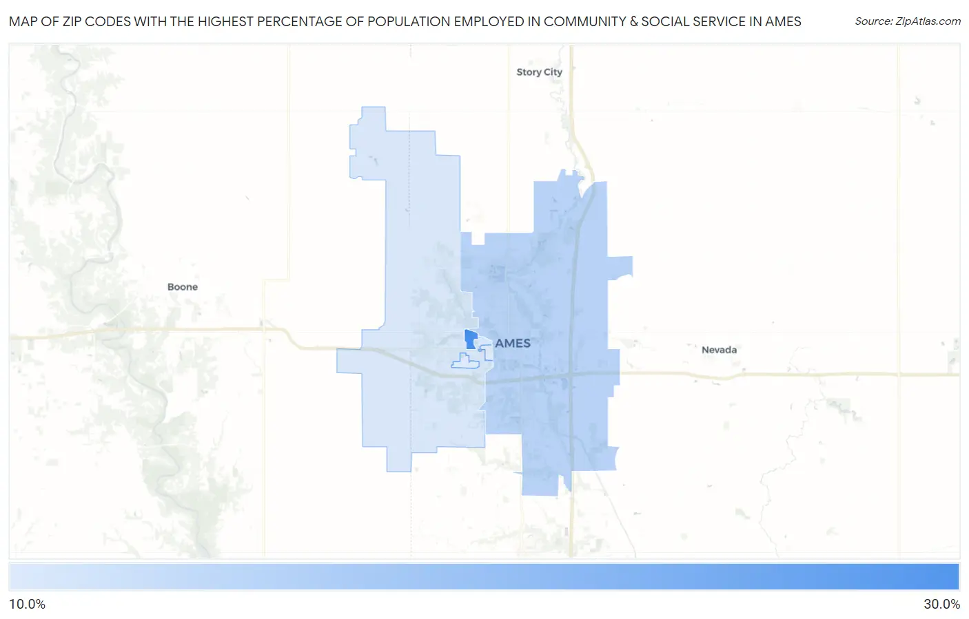Zip Codes with the Highest Percentage of Population Employed in Community & Social Service  in Ames Map