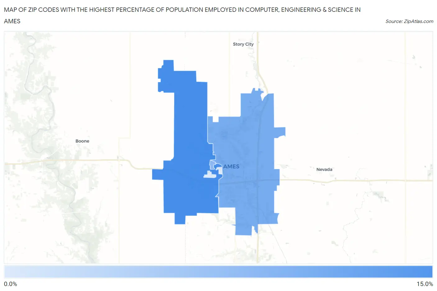 Zip Codes with the Highest Percentage of Population Employed in Computer, Engineering & Science in Ames Map