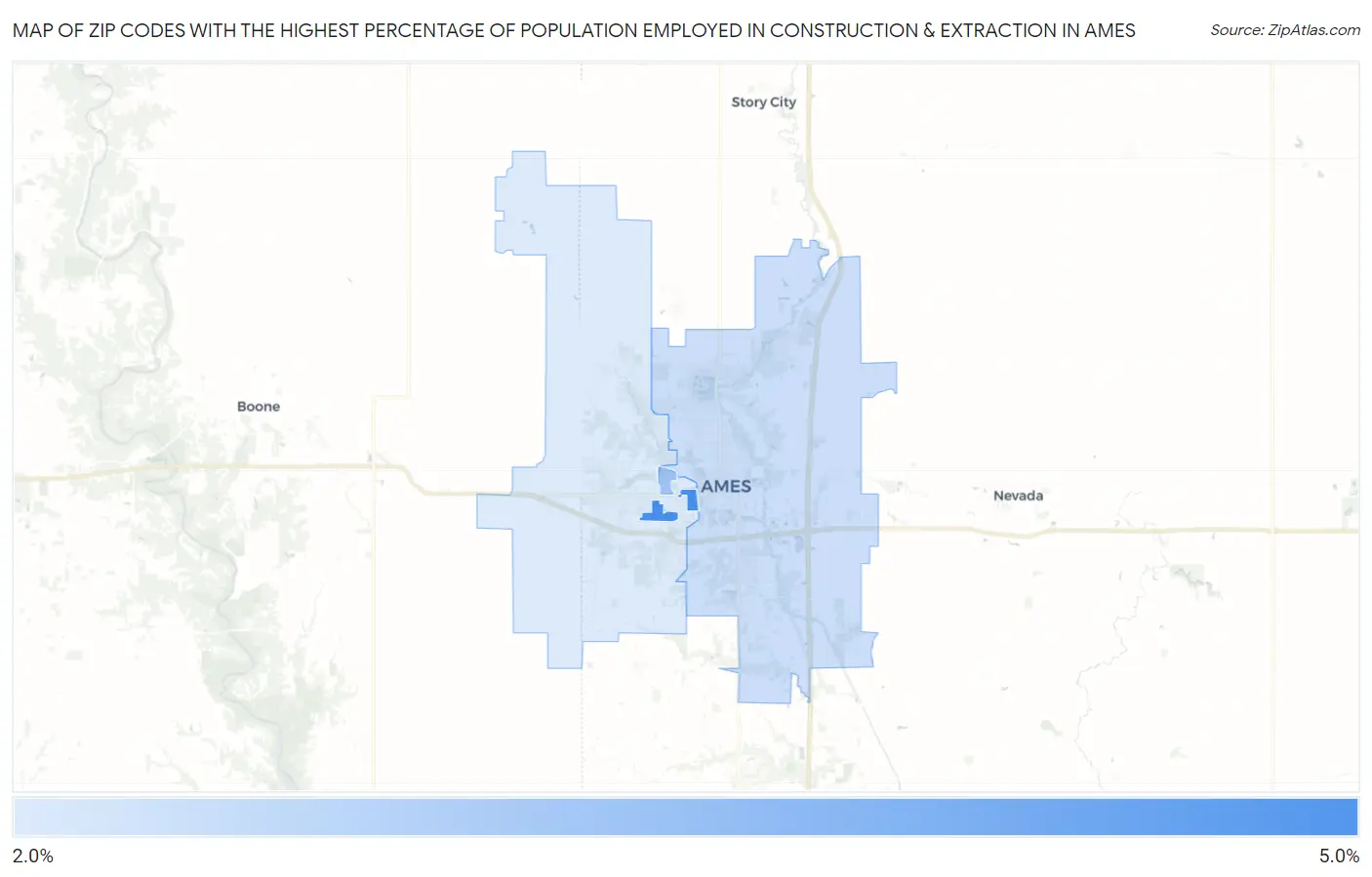 Zip Codes with the Highest Percentage of Population Employed in Construction & Extraction in Ames Map