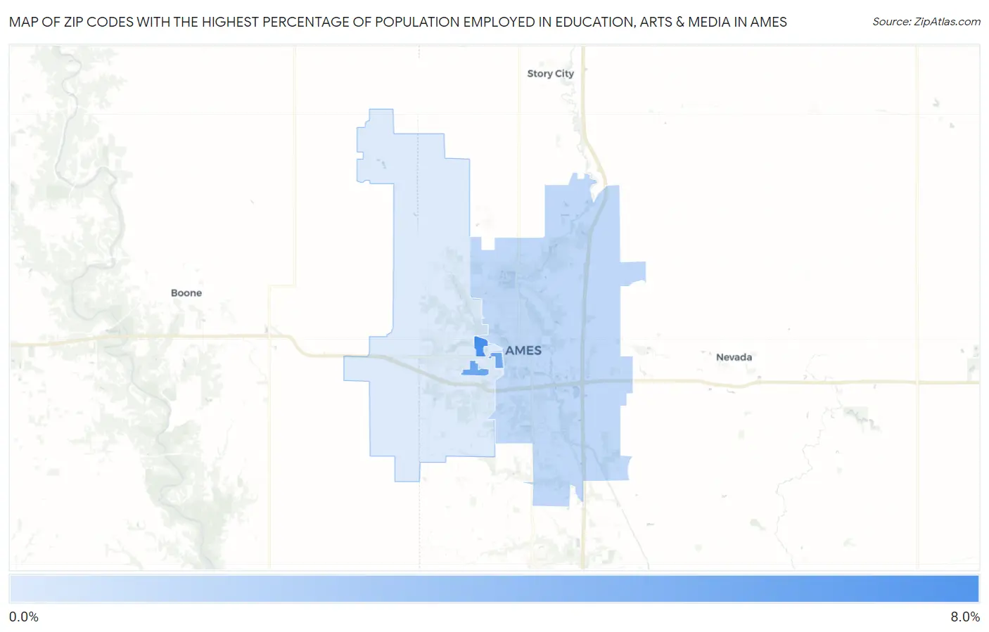 Zip Codes with the Highest Percentage of Population Employed in Education, Arts & Media in Ames Map