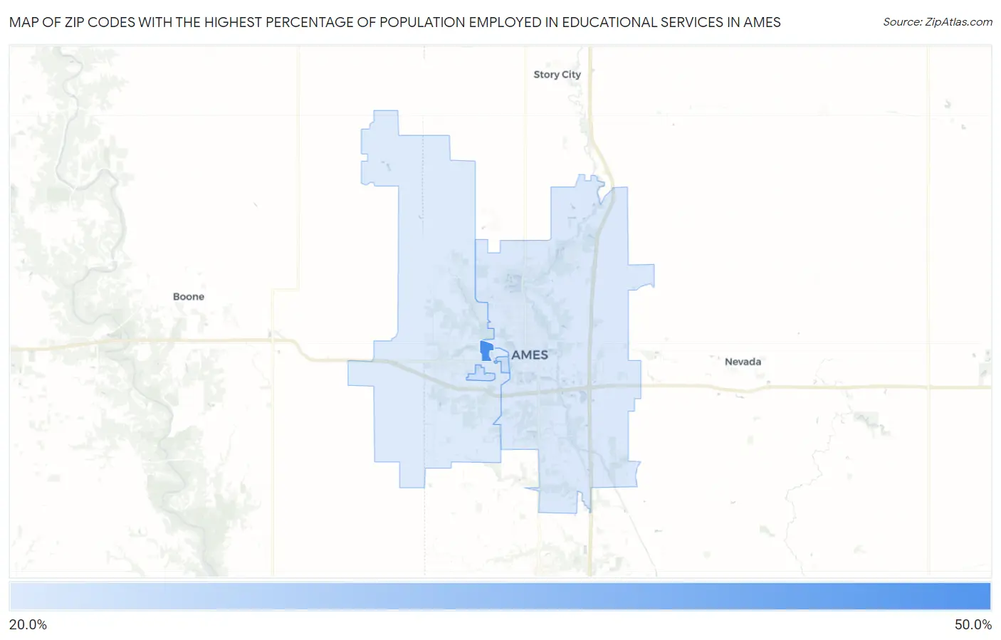 Zip Codes with the Highest Percentage of Population Employed in Educational Services in Ames Map