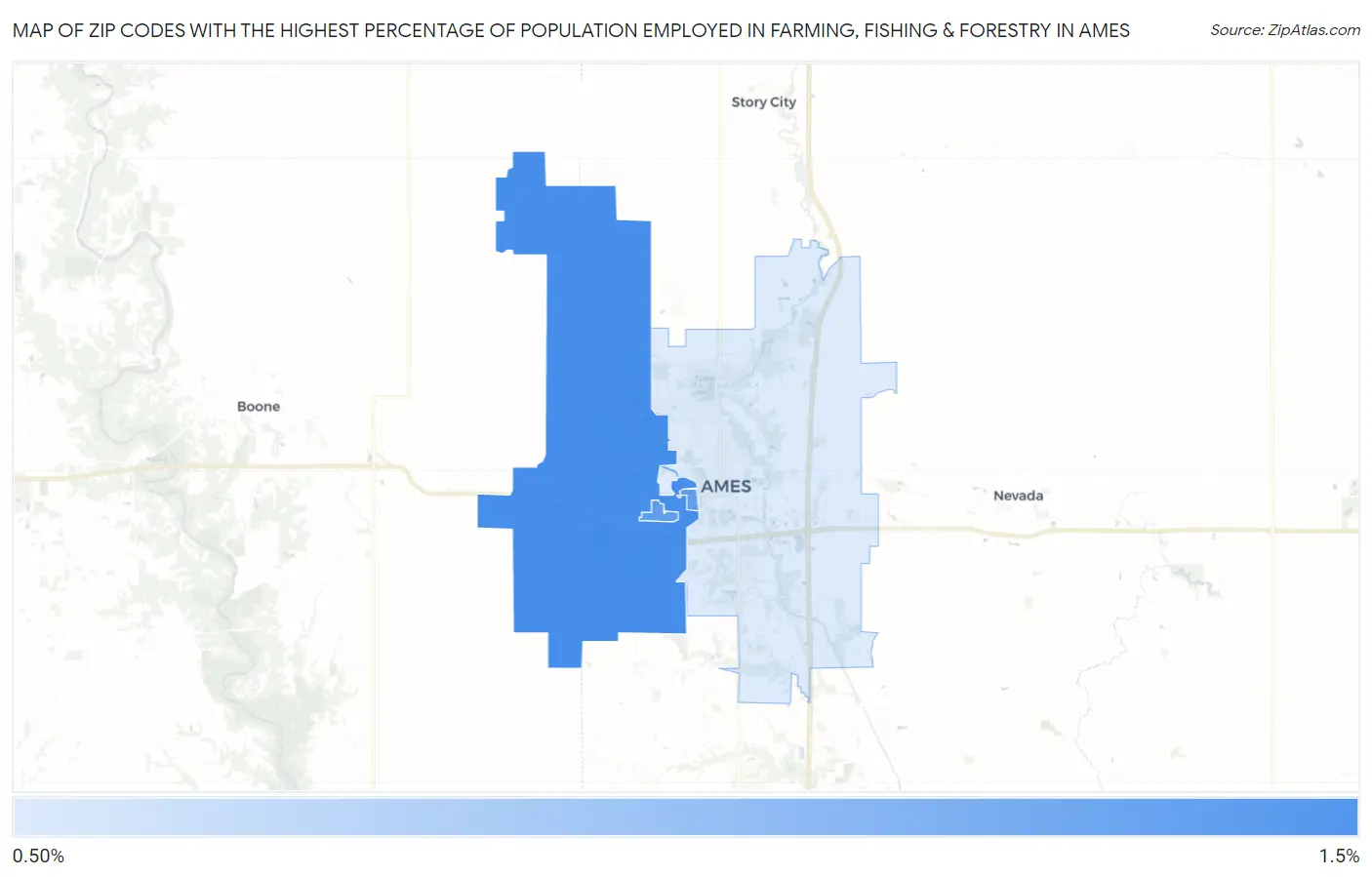 Zip Codes with the Highest Percentage of Population Employed in Farming, Fishing & Forestry in Ames Map