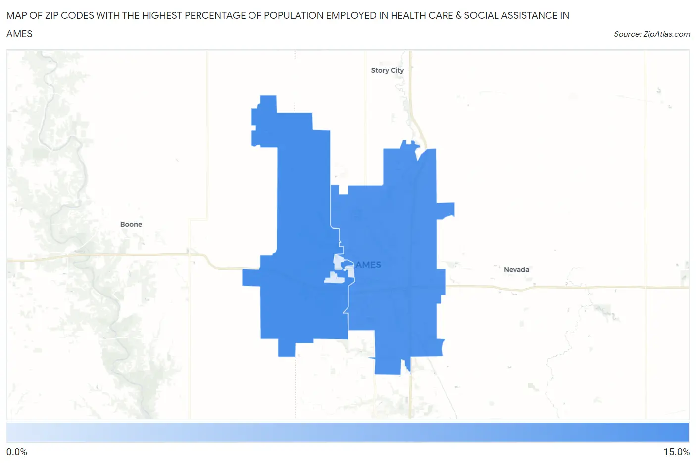 Zip Codes with the Highest Percentage of Population Employed in Health Care & Social Assistance in Ames Map