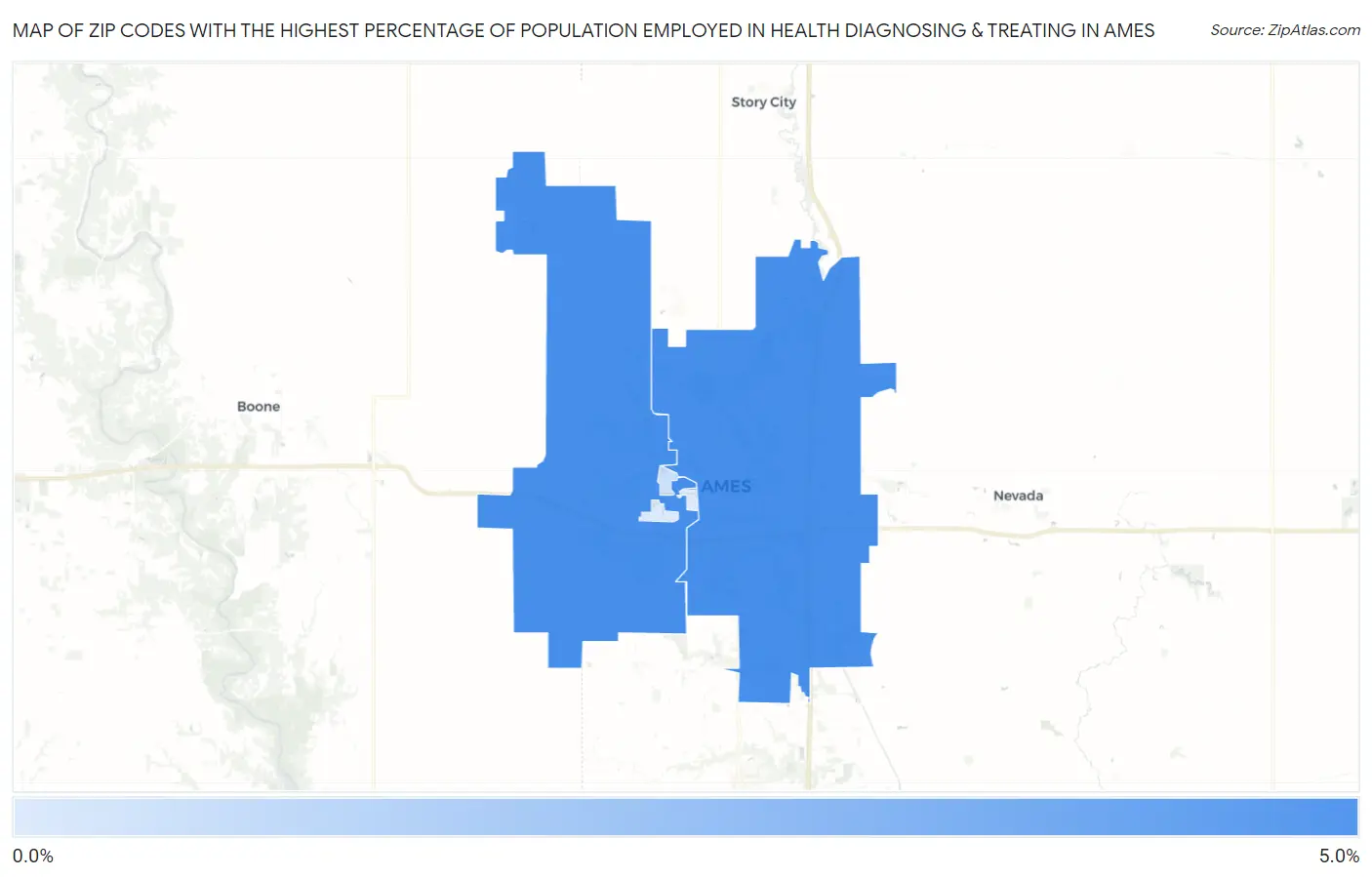 Zip Codes with the Highest Percentage of Population Employed in Health Diagnosing & Treating in Ames Map