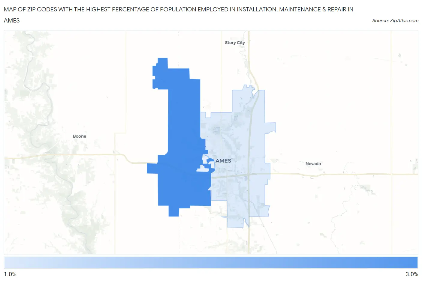 Zip Codes with the Highest Percentage of Population Employed in Installation, Maintenance & Repair in Ames Map