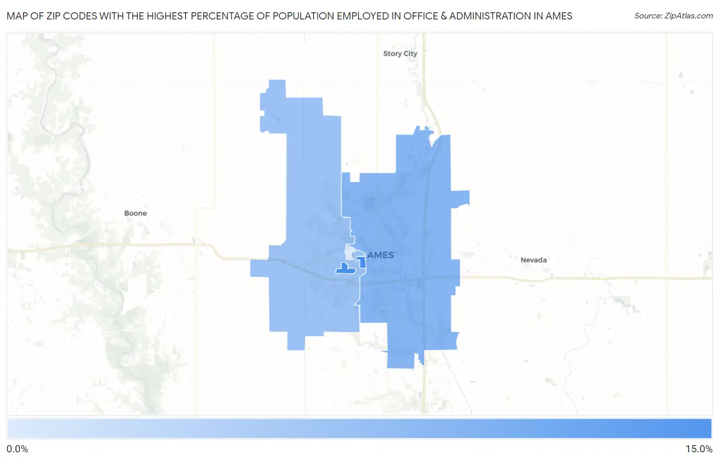 Zip Codes with the Highest Percentage of Population Employed in Office & Administration in Ames Map