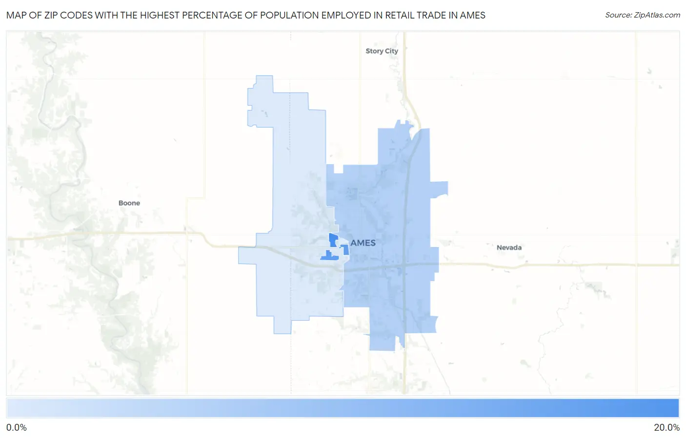 Zip Codes with the Highest Percentage of Population Employed in Retail Trade in Ames Map