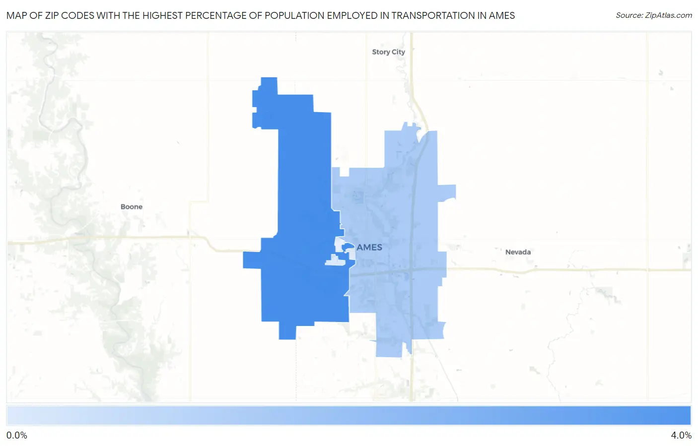 Zip Codes with the Highest Percentage of Population Employed in Transportation in Ames Map