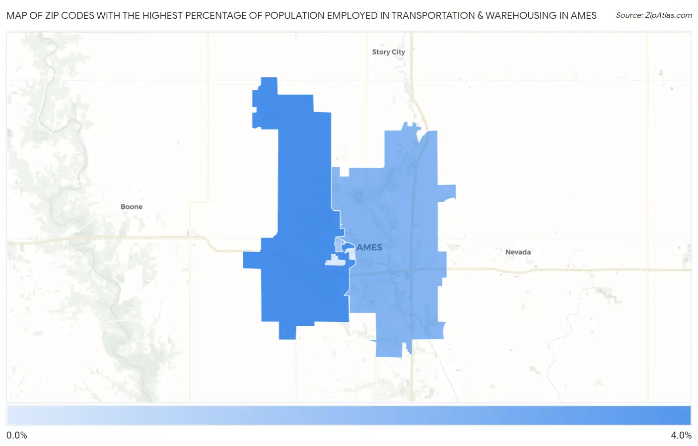 Zip Codes with the Highest Percentage of Population Employed in Transportation & Warehousing in Ames Map