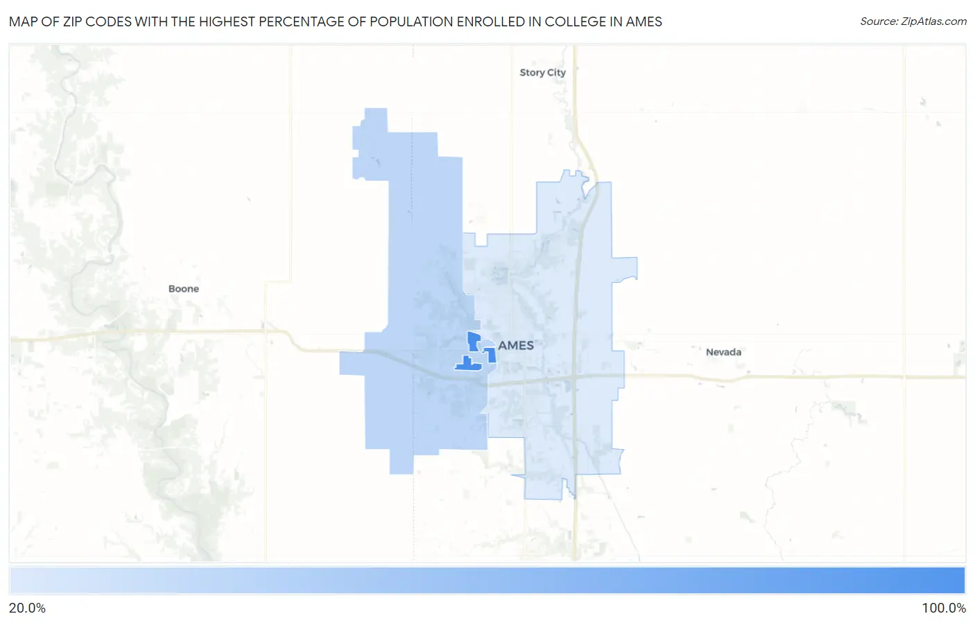 Zip Codes with the Highest Percentage of Population Enrolled in College in Ames Map