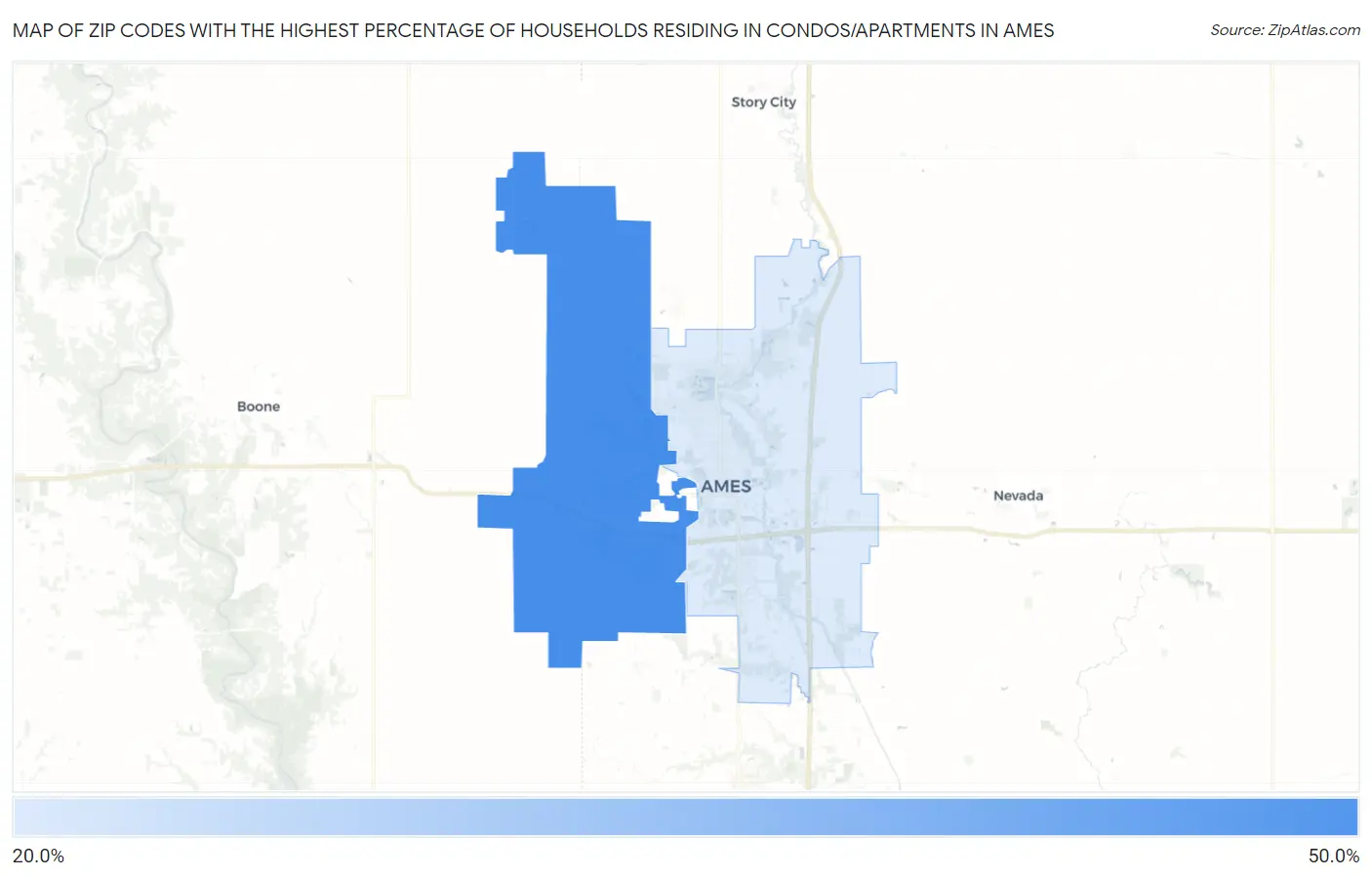 Zip Codes with the Highest Percentage of Households Residing in Condos/Apartments in Ames Map