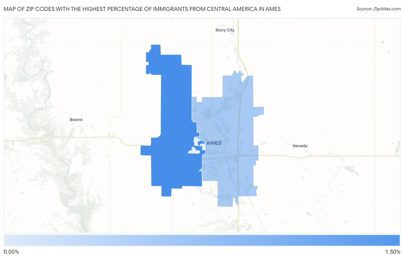 Zip Codes with the Highest Percentage of Immigrants from Central America in Ames Map