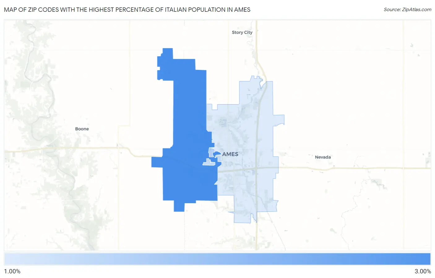 Zip Codes with the Highest Percentage of Italian Population in Ames Map