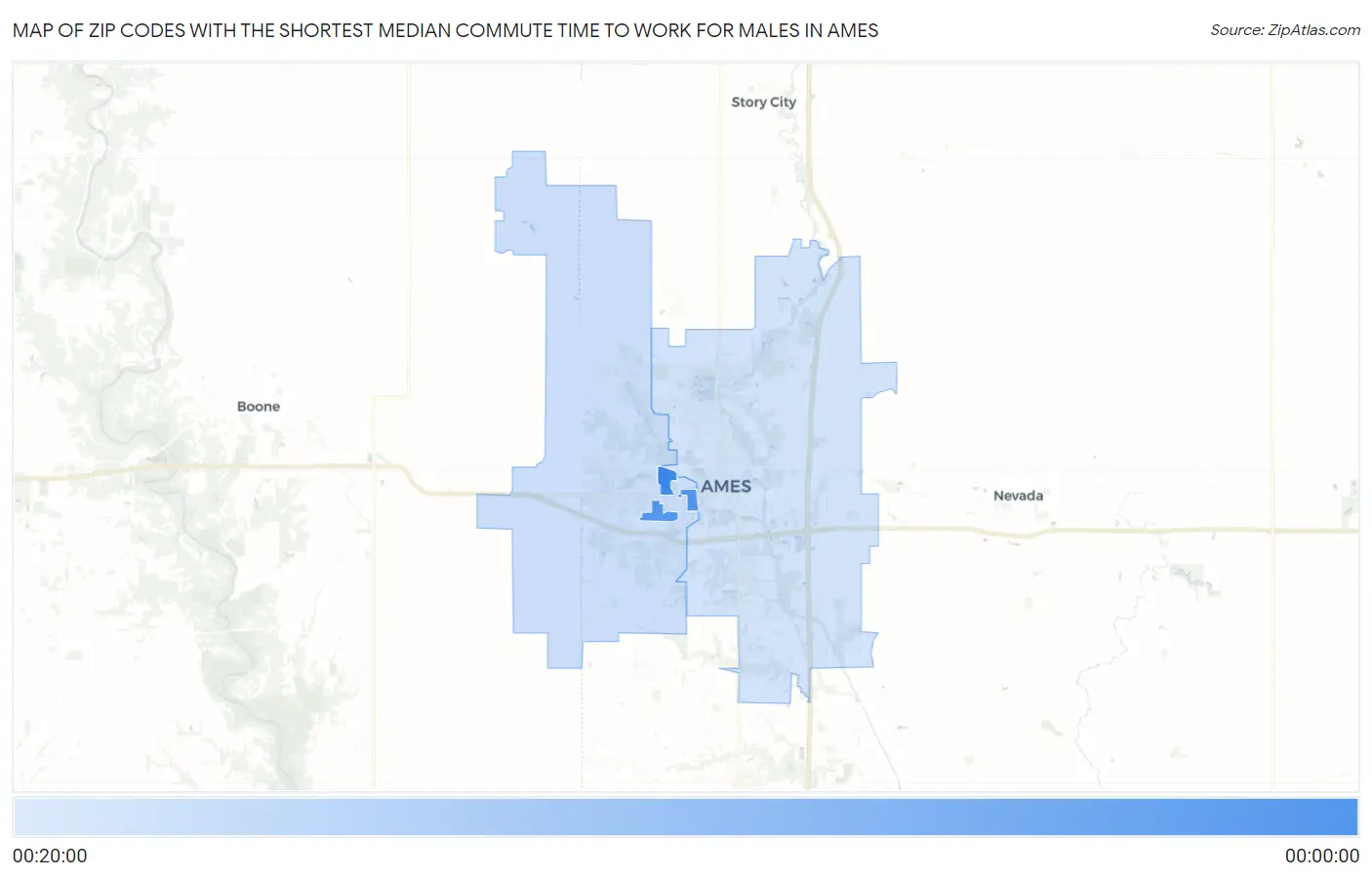 Zip Codes with the Shortest Median Commute Time to Work for Males in Ames Map