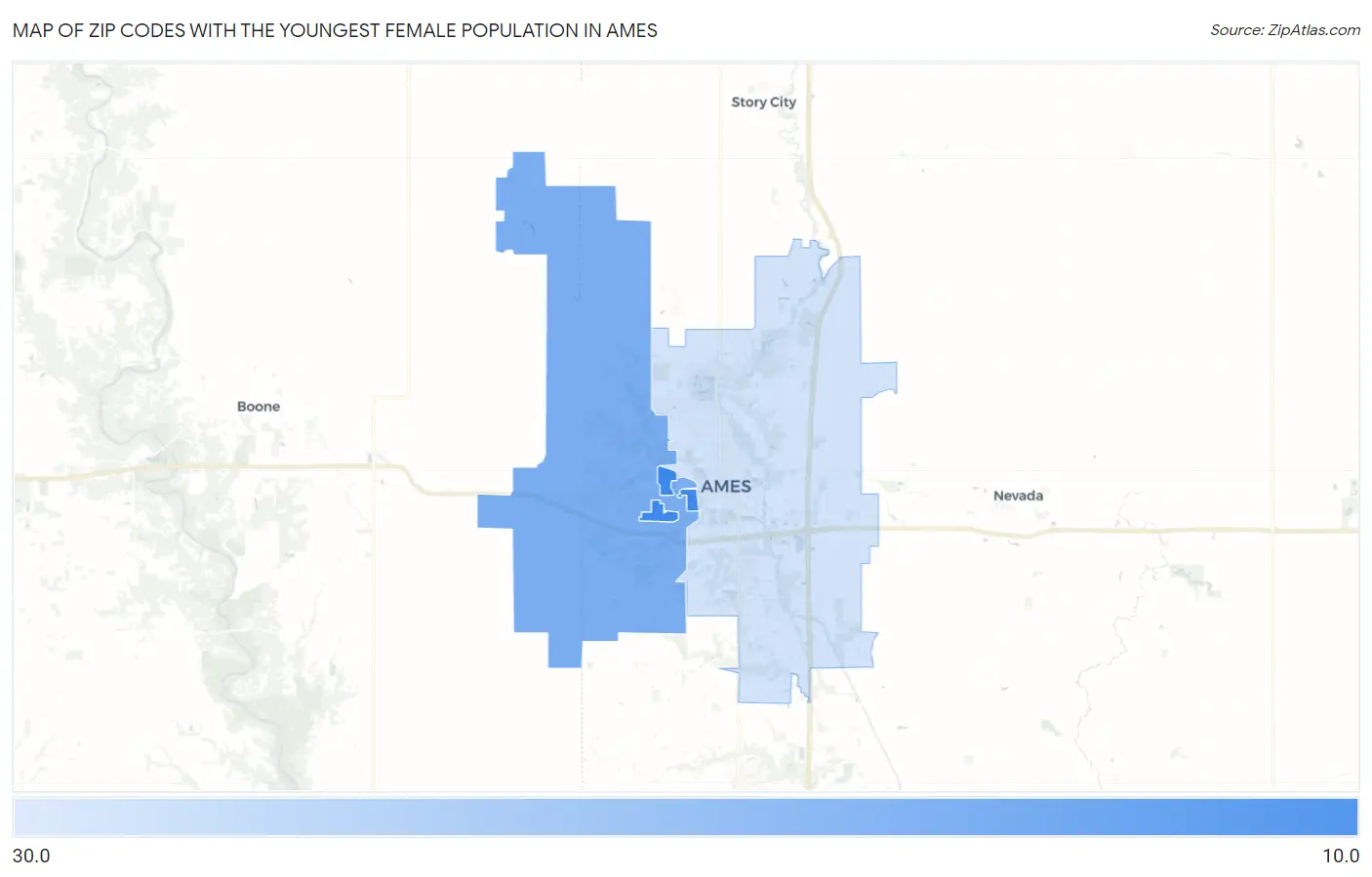 Zip Codes with the Youngest Female Population in Ames Map